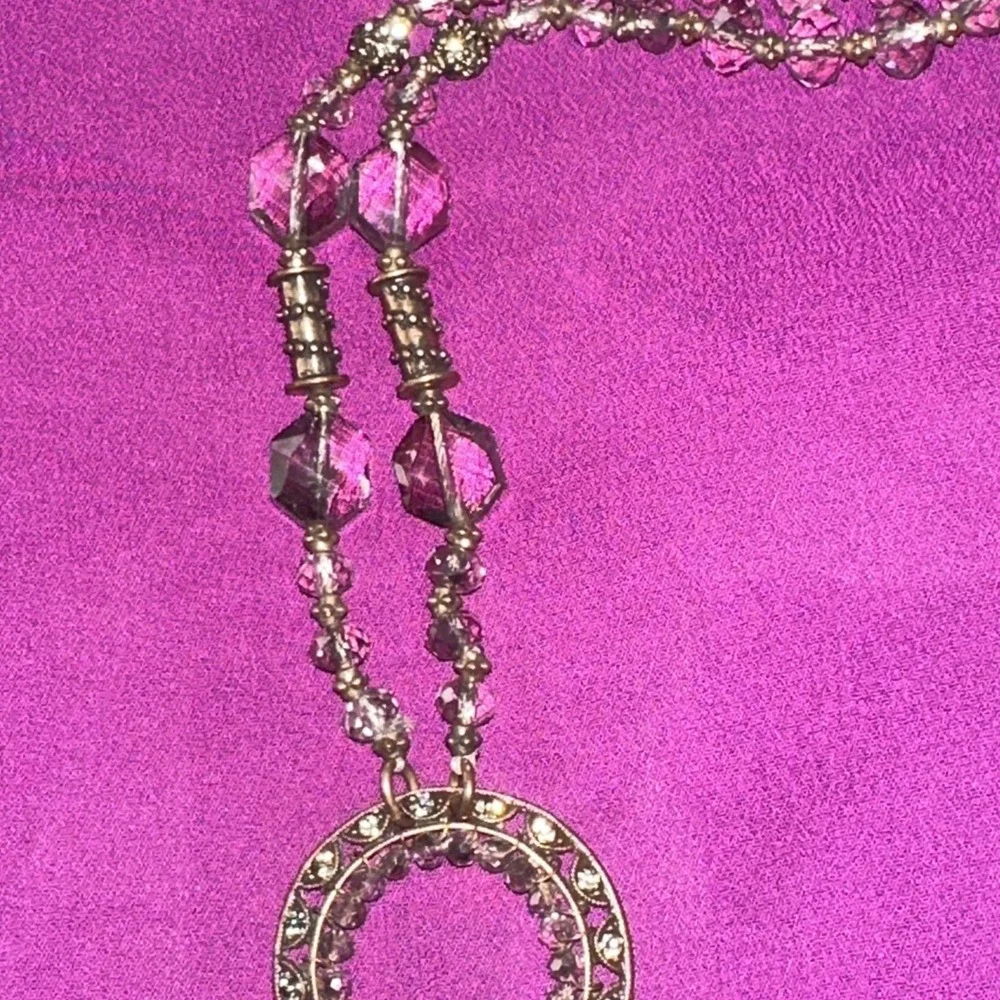 Gold Tone Clear SmokyCrystal Beaded Necklace Rhinestone Pendant Toggle Statement